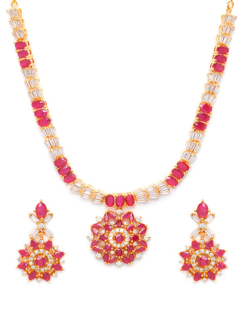 

Rubans Gold-Plated & Pink Meenakari CZ Studded With Faux Ruby Floral Jewellery Set