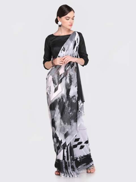 

Ligalz Black & White Poly Georgette Printed Saree