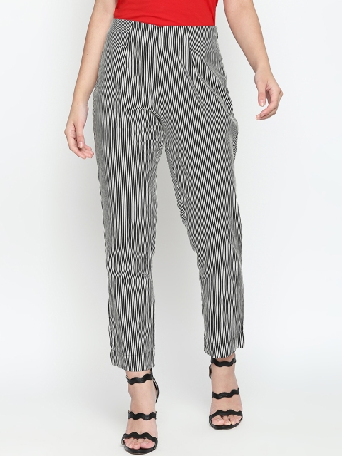 

RANGMANCH BY PANTALOONS Women Black & White Regular Fit Striped Peg Trousers