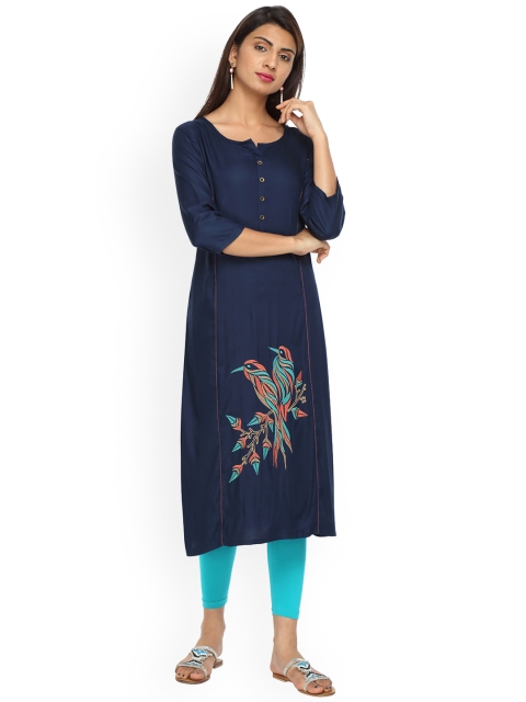 Alena Women Navy Blue Embroidered Straight Kurta