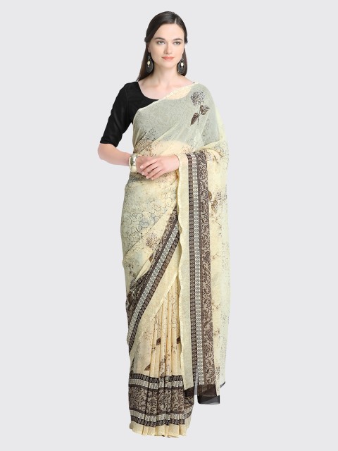 

Ligalz Cream-Coloured & Black Printed Poly Georgette Saree