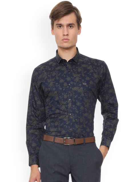 

V Dot Men Navy Blue & Olive Green Slim Fit Printed Party Shirt
