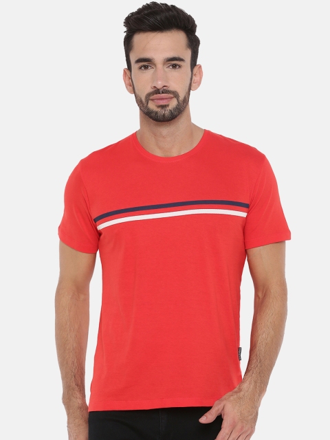 

Braveo Men Red Striped Round Neck Slim Fit T-shirt