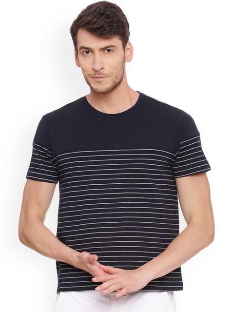 

Soul Space Men Navy Blue Striped Round Neck Organic Cotton T-shirt