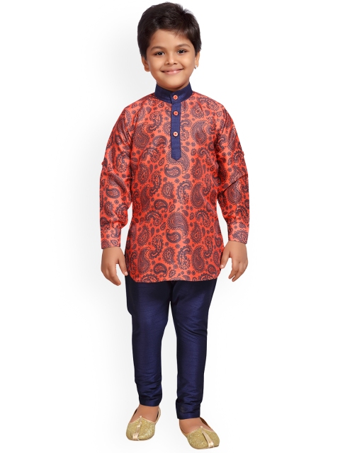 

Kidling Boys Orange & Navy Blue Printed Kurta with Pyjamas