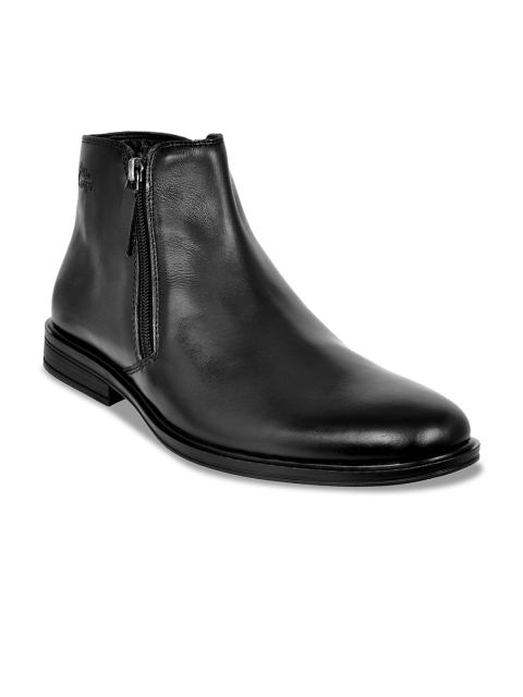 

Allen Cooper Men Black Solid Leather Mid-Top Flat Boots
