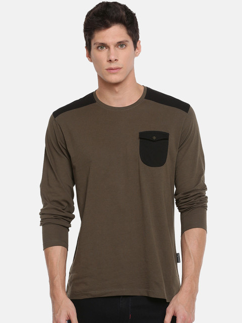 

Braveo Men Olive Green Colourblocked Round Neck Slim Fit T-shirt