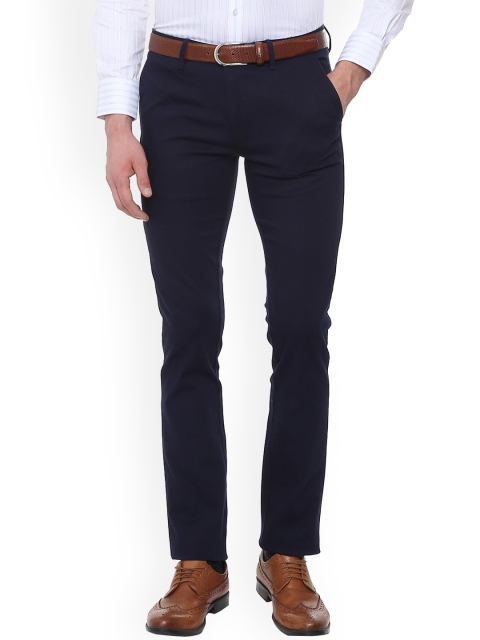 

V Dot Men Navy Blue Slim Fit Self Design Formal Trousers