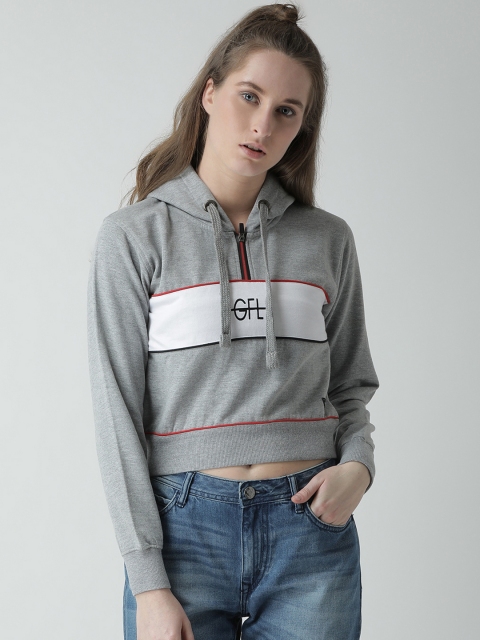 

GRIFFEL Women Grey Colourblocked Hooded Sweatshirt