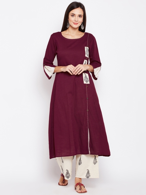 

Be Indi Women Maroon Solid Pure Cotton A-Line Kurti