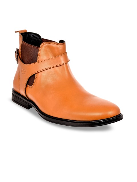 

Allen Cooper Men Tan Brown Solid Leather Mid-Top Flat Boots