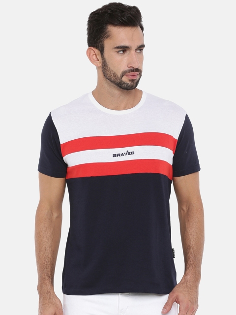 

Braveo Men White & Navy Blue Colourblocked Round Neck T-shirt