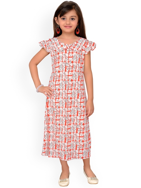 

Kidling Girls Orange & White Printed Fit and Flare Dress