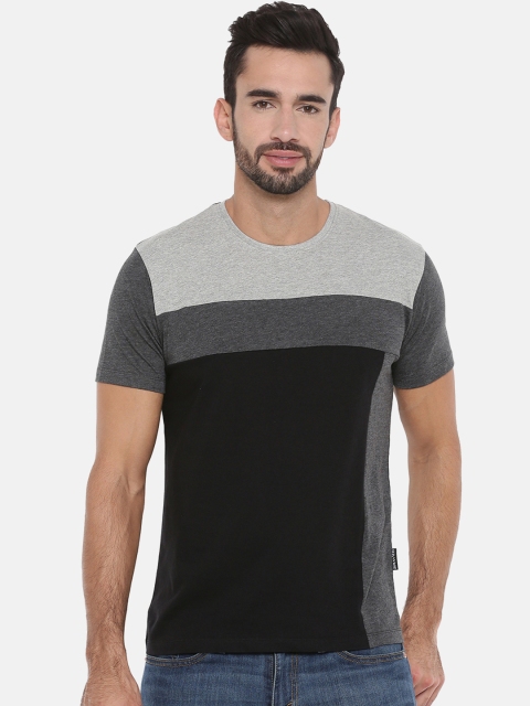 

Braveo Men Grey Melange Colourblocked Round Neck Slim Fit T-shirt