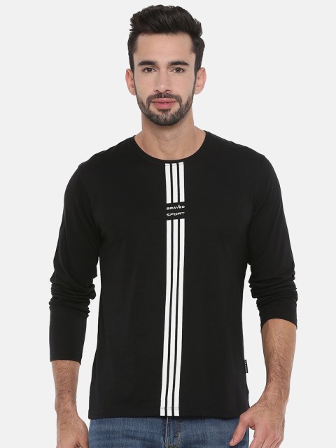 

Braveo Men Black Striped Round Neck Slim Fit T-shirt