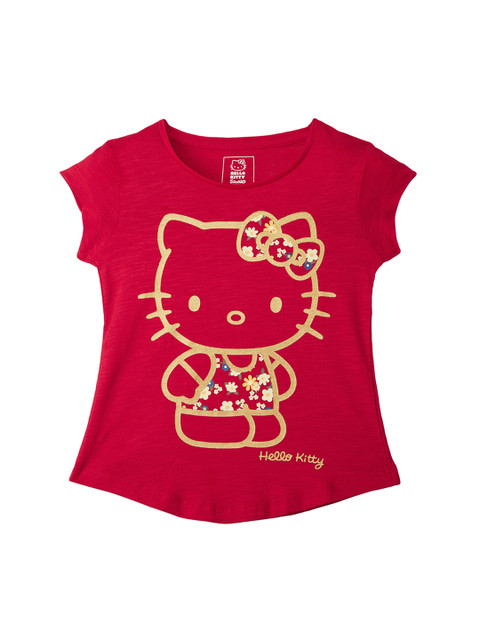 

Kids Ville Girls Grey Melange Hello Kitty Printed Round Neck T-shirt, Red