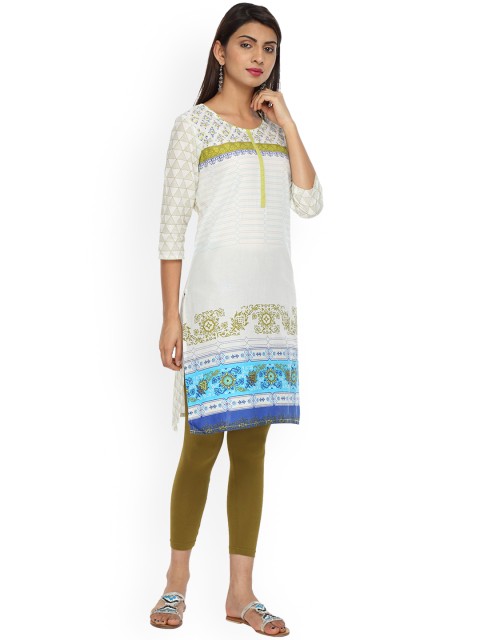 

Alena Women Olive Green & White Printed Straight Kurta