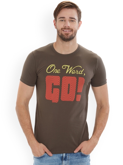

Status Quo Men Olive Brown Printed Round Neck Pure Cotton T-shirt