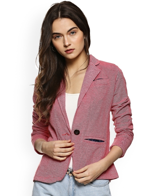 

Campus Sutra Women Peach-Coloured Self-Design Single-Breasted Blazer