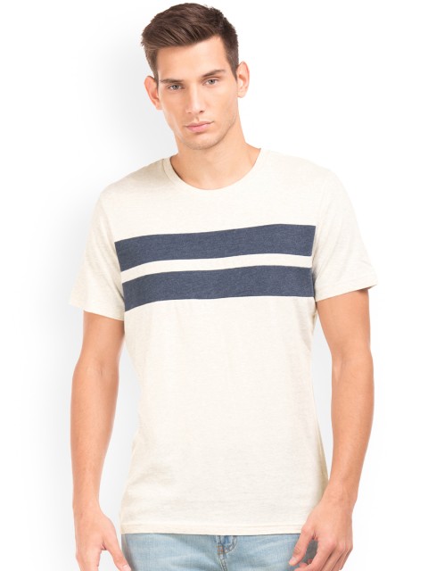 

Aeropostale Men White Blue Striped Round Neck Pure Cotton T-shirt
