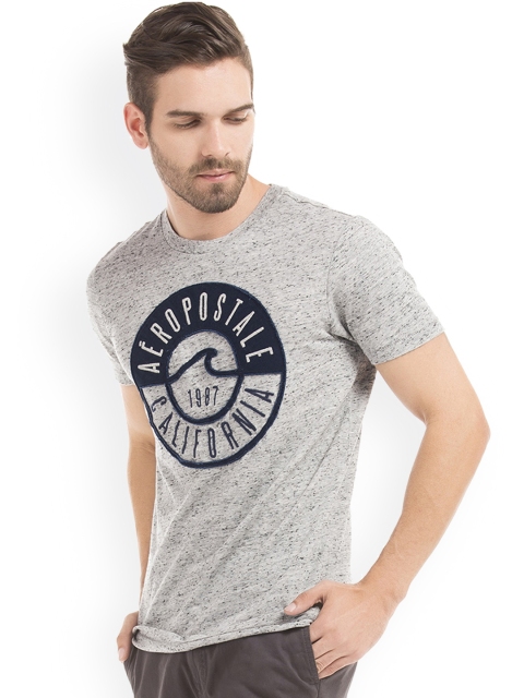 

Aeropostale Men Grey Melange Appliqued Front Round Neck T-shirt
