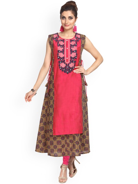 

Alena Women Fuchsia Red & Mustard Yellow Embroidered Layered A-Line Kurta