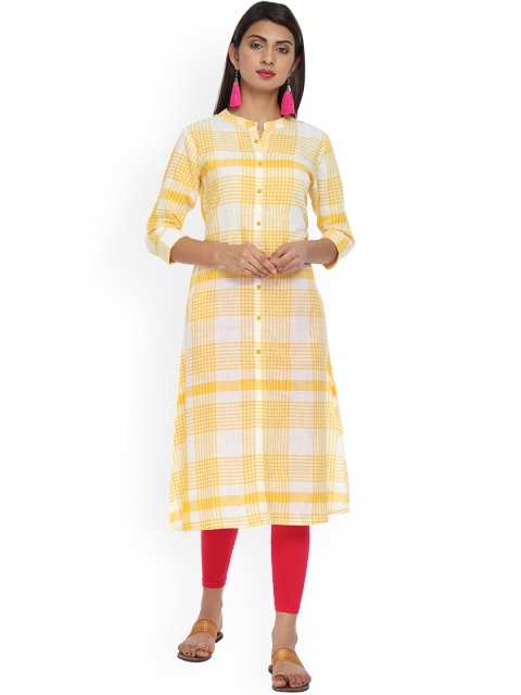 

Alena Women Mustard Yellow & White Checked Straight Kurta