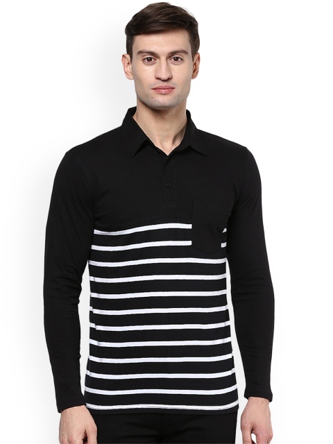 Hypernation Men Black Striped Polo Collar T-shirt