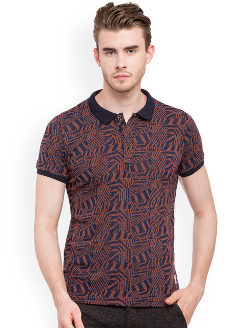 

Status Quo Men Brown Blue Printed Polo Collar Pure Cotton T-shirt