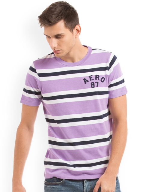 

Aeropostale Men Purple & White Striped Round Neck Slim Fit T-shirt