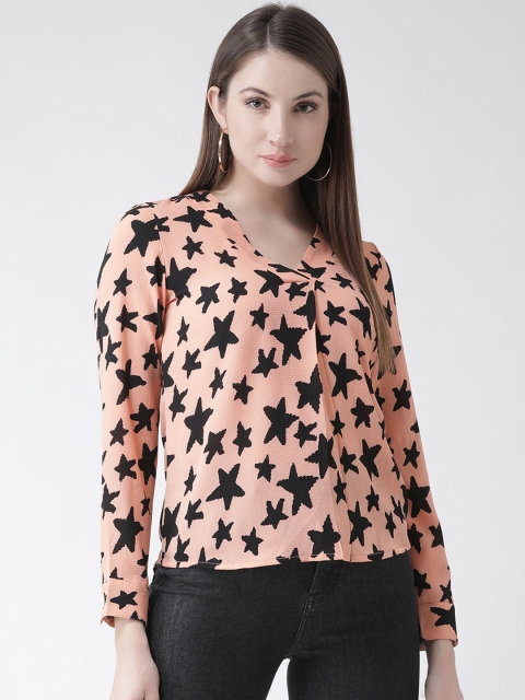 

The Vanca Women Peach-Coloured & Black Printed A-Line Top