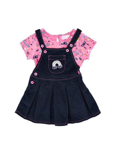 

Chirpie Pie by Pantaloons Girls Navy Blue & Pink Printed T-shirt with Skirt