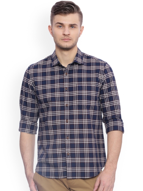 

Basics Men Navy Blue & Off-White Slim Fit Checked Casual Shirt