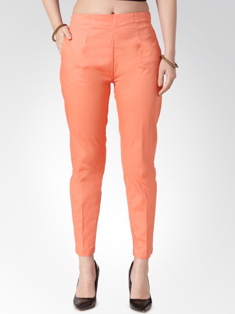 Jompers Women Peach-Coloured Smart Slim Fit Solid Regular Trousers