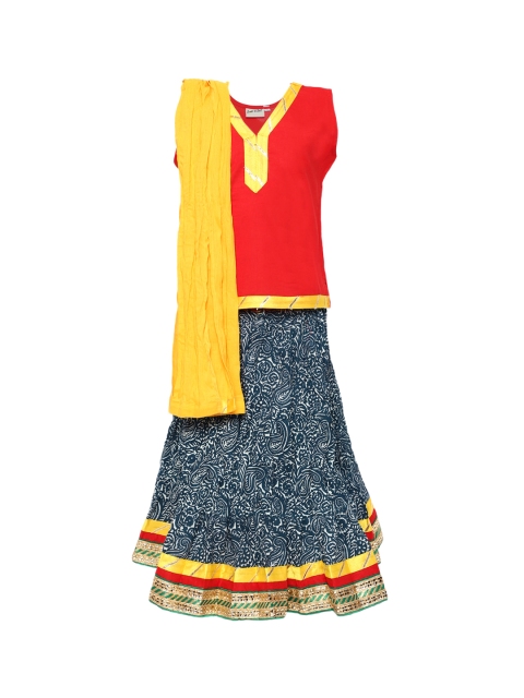 

BownBee Girls Red & Teal Blue Solid Ready to Wear Lehenga & Blouse with Dupatta