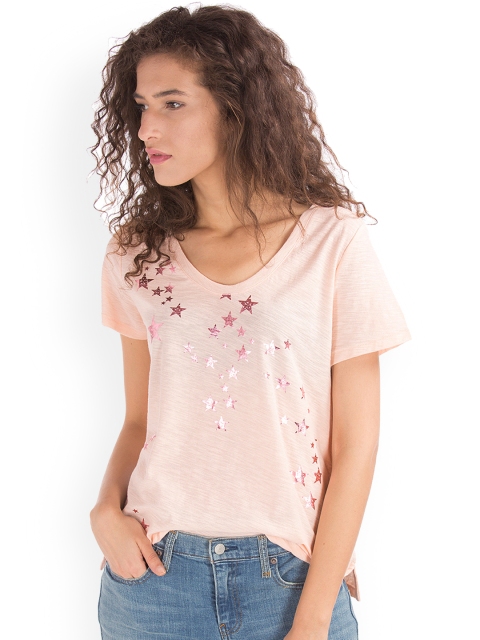 

GAP Pink Women Metallic Star Print Marled Tee