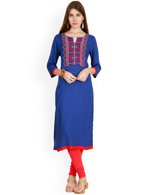 

Alena Women Blue & Red Embroidered Straight Kurta