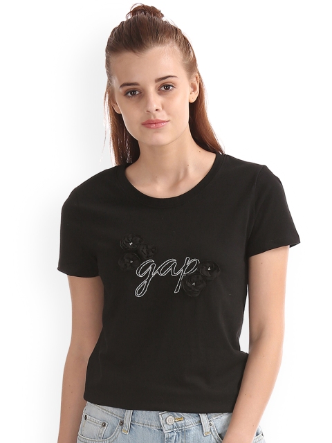 

GAP Black Women Short Sleeve Tee With 3D Flowers