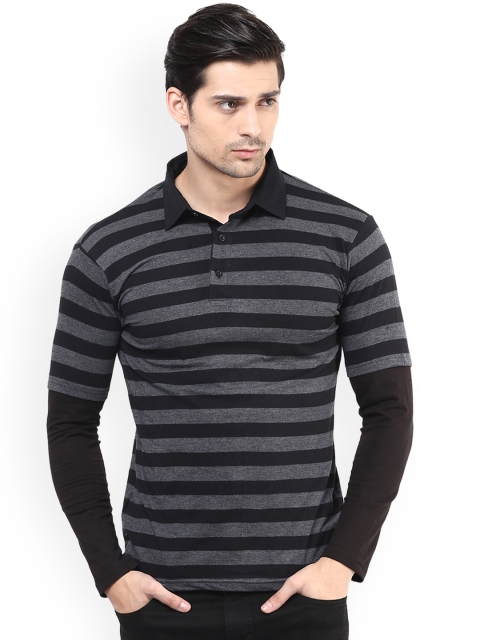 

Hypernation Men Black Striped Polo Collar T-shirt