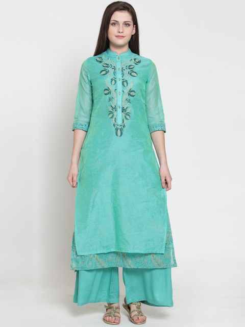 

Laabha Women Turquoise Blue Embroidered Kurta with Palazzos