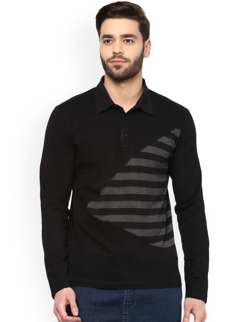 

Hypernation Men Black Striped Polo Collar T-shirt