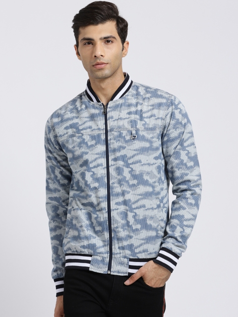 

REALM Men Blue Printed Varsity Jacket