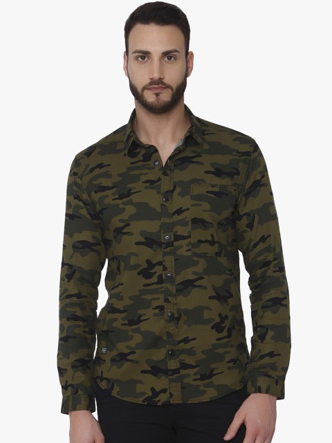 

Mufti Men Olive Green Slim Fit Printed Casual Shirt
