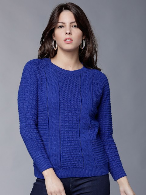 

Tokyo Talkies Women Blue Self Design Pullover