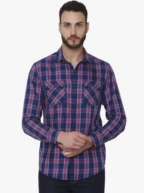 

Mufti Men Navy Blue & Red Slim Fit Checked Casual Shirt
