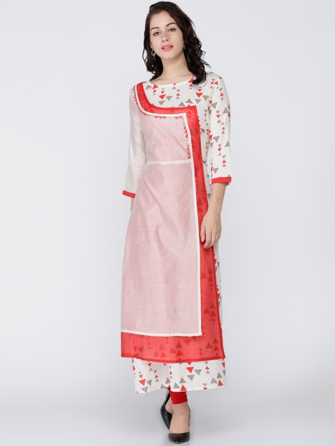

Soch Women White & Peach-Coloured Printed Straight Kurti