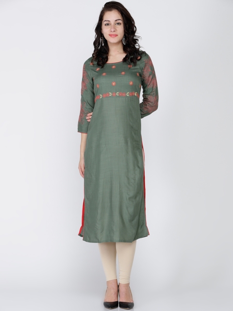 

Soch Women Olive Green Printed Pure Cotton Straight Kurti