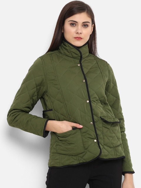 PURYS Women Olive Green Solid Quilted Jacket