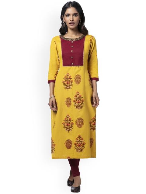 

Soch Women Yellow & Maroon Printed Pure Cotton Straight Pure Cotton Kurti