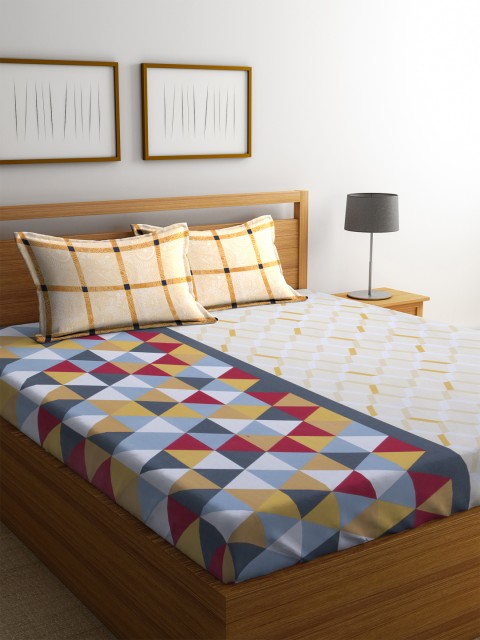 

Dreamscape Mustard Blue Geometric Flat 144 TC Cotton 1 Queen Bedsheet with 2 Pillow Covers